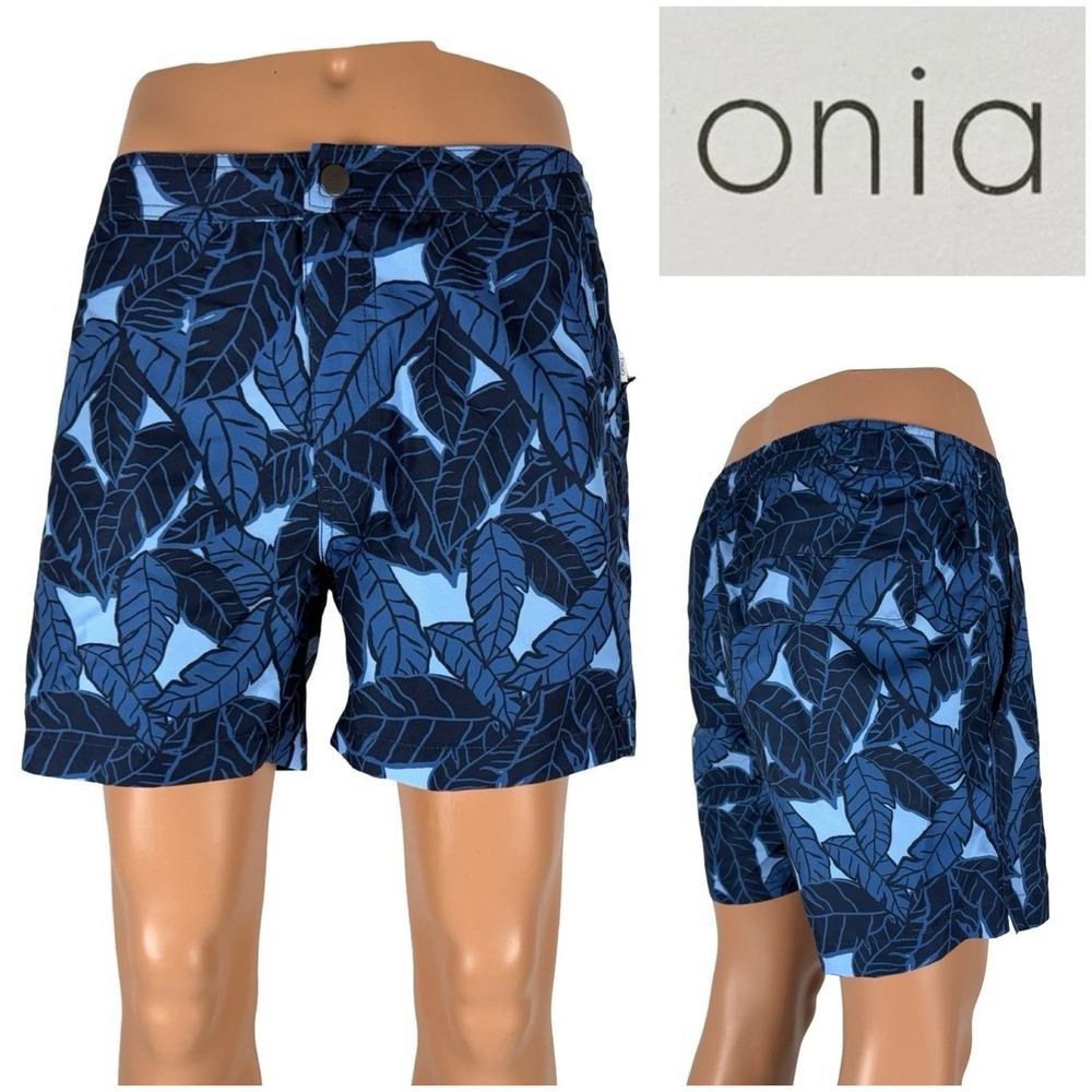 Onia Mens Medium Swim Shorts Calder 5 E Floral Blue Safari Leaves Polyester NWT